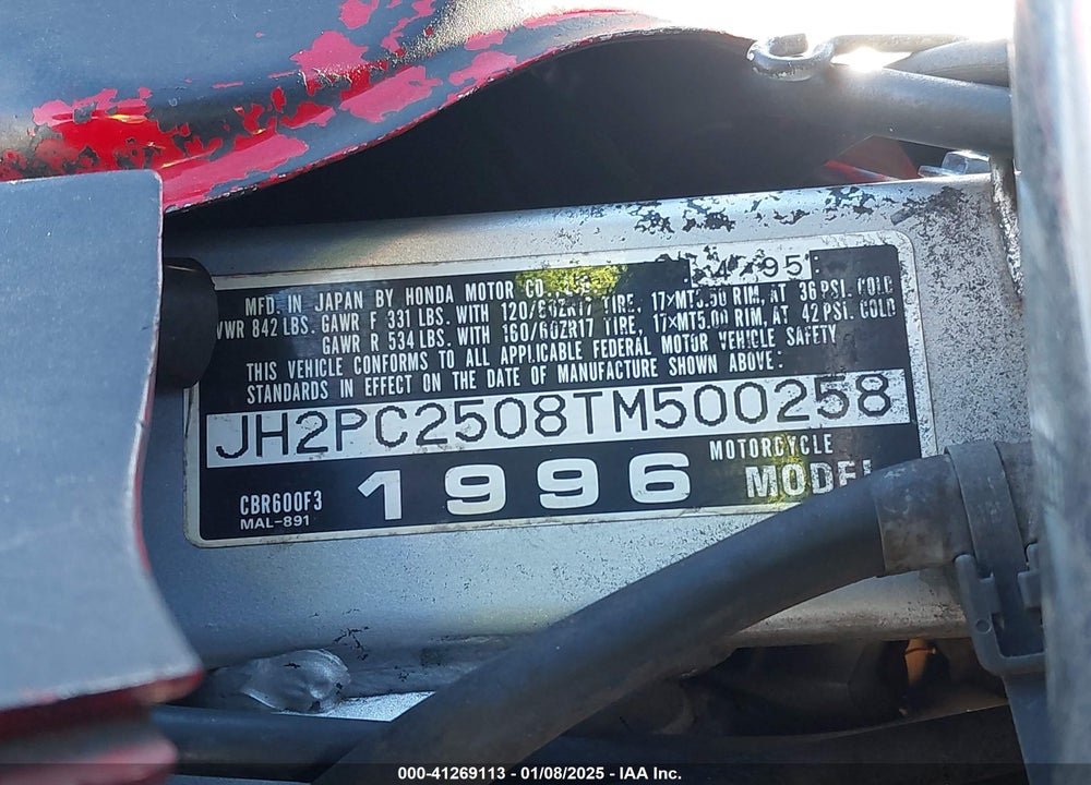 1996 HONDA CBR600 F3 VIN: JH2PC2508TM500258