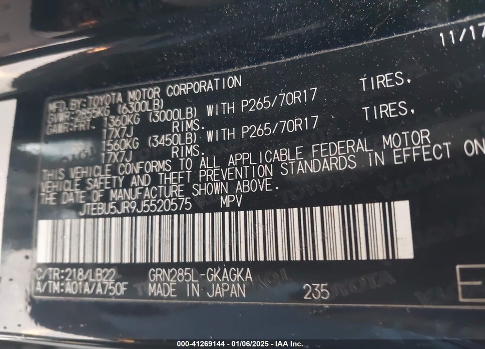 2018 TOYOTA 4RUNNER SR5 PREMIUM VIN: JTEBU5JR9J5520575