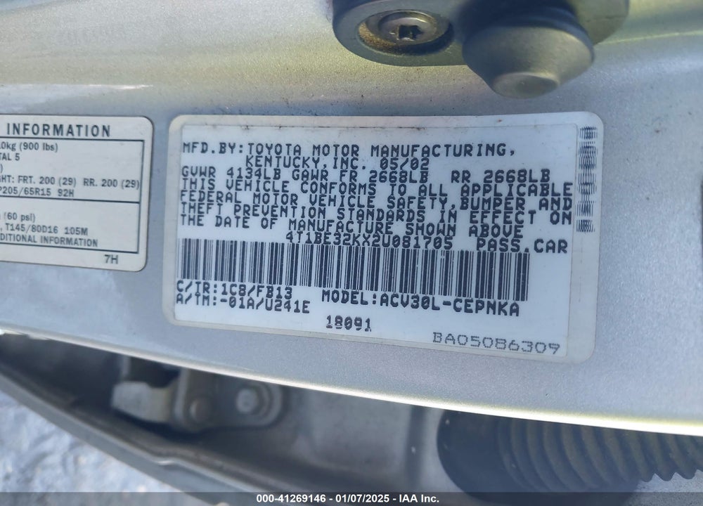 2002 TOYOTA CAMRY LE VIN: 4T1BE32KX2U081705