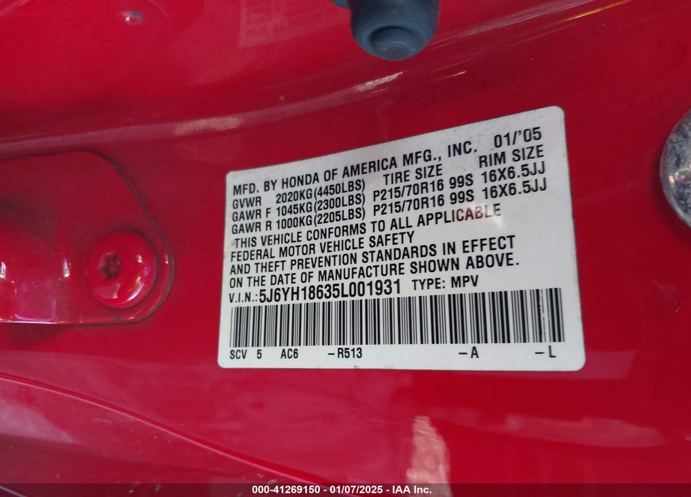 2005 HONDA ELEMENT EX VIN: 5J6YH18635L001931