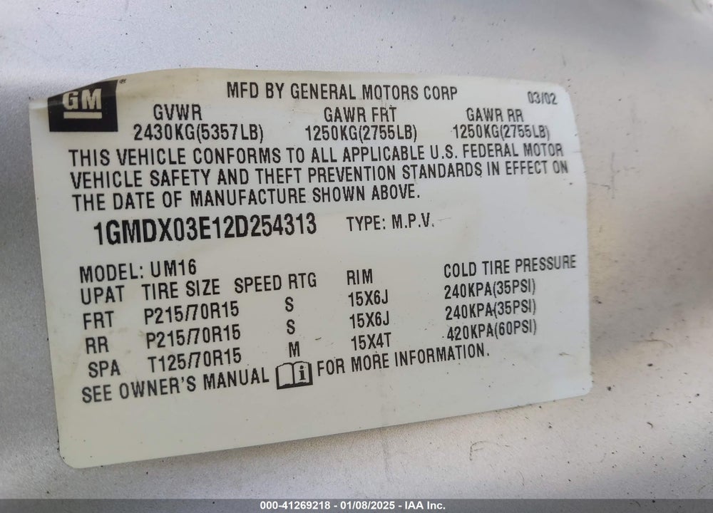 2002 PONTIAC MONTANA M16 W/1SA PKG. VIN: 1GMDX03E12D254313