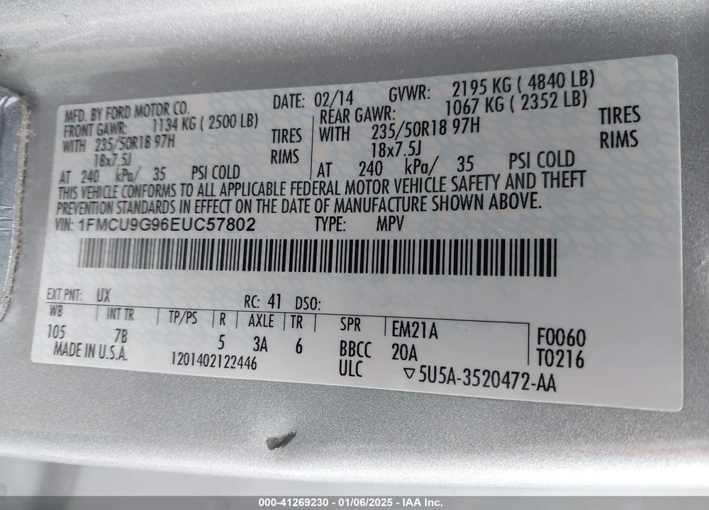 2014 FORD ESCAPE SE VIN: 1FMCU9G96EUC57802