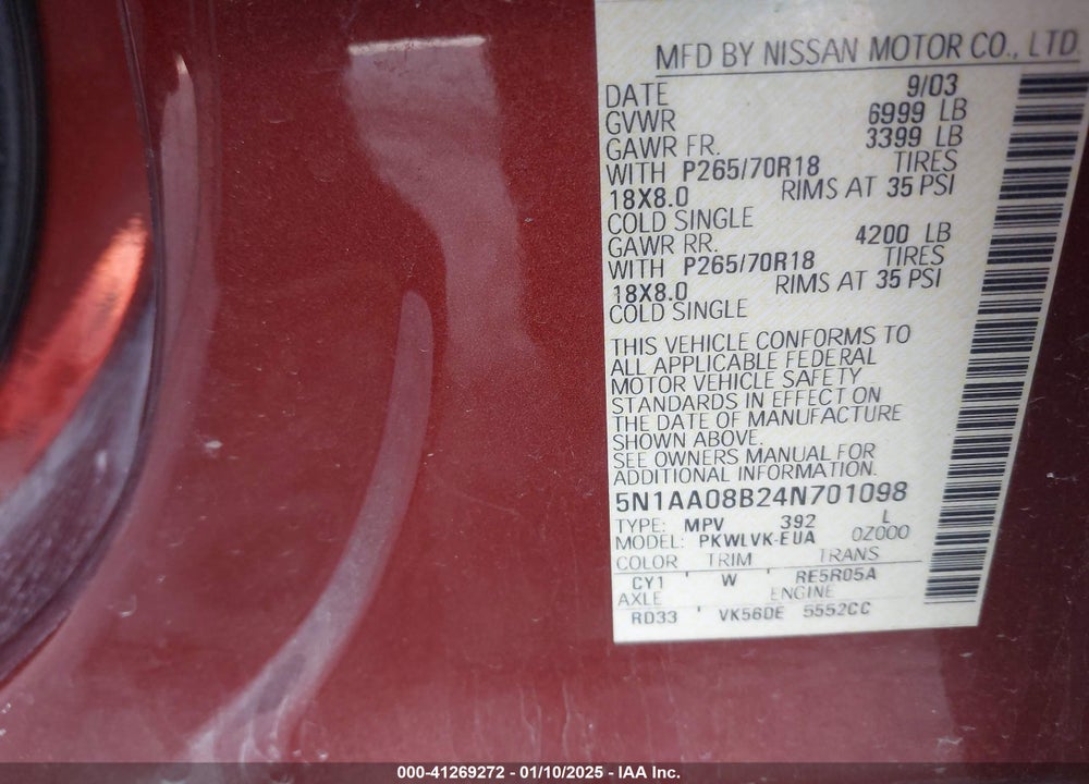 2004 NISSAN PATHFINDER ARMADA LE VIN: 5N1AA08B24N701098