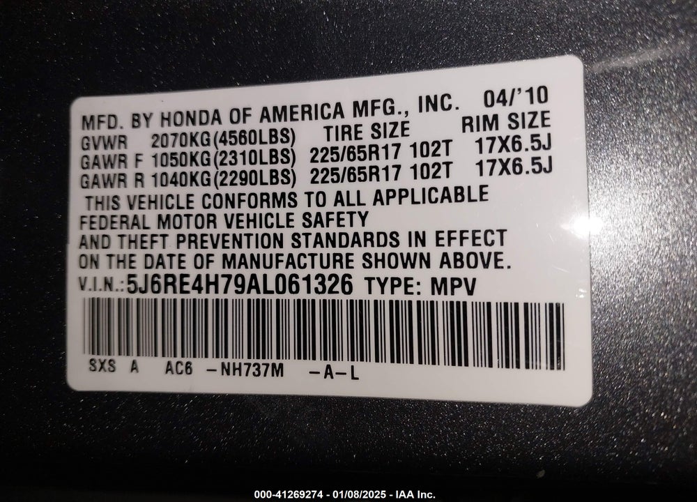 2010 HONDA CR-V EX-L VIN: 5J6RE4H79AL061326