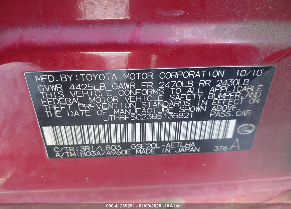 2011 LEXUS IS 250 VIN: JTHBF5C23B5135821