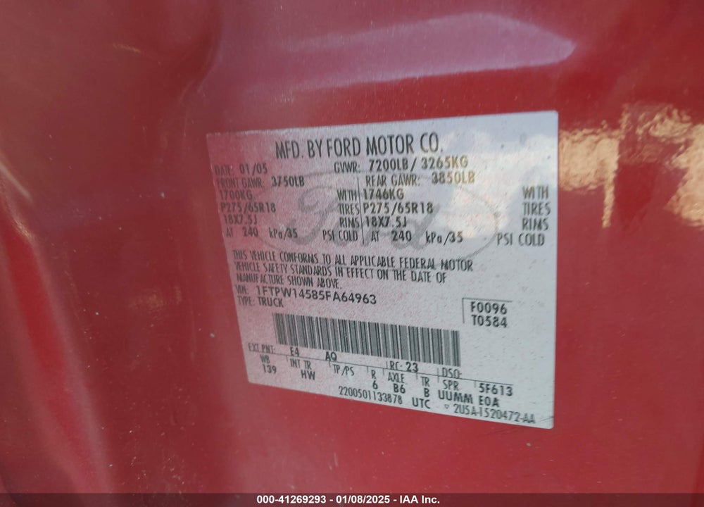 2005 FORD F-150 FX4/LARIAT/XLT VIN: 1FTPW14585FA64963