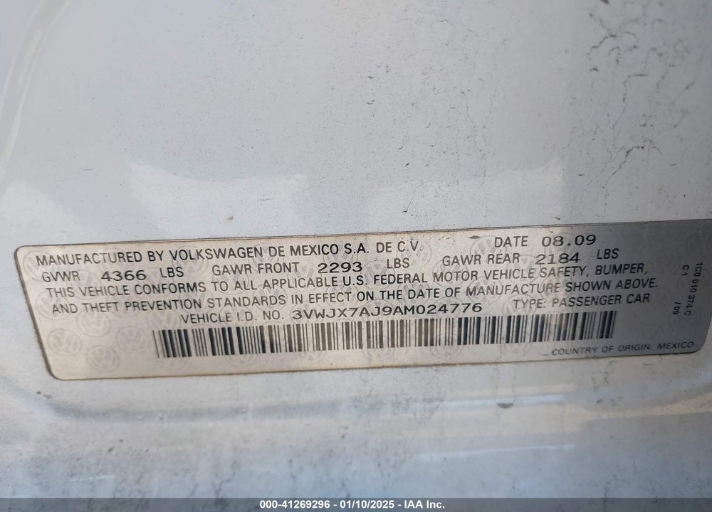 2010 VOLKSWAGEN JETTA S VIN: 3VWJX7AJ9AM024776
