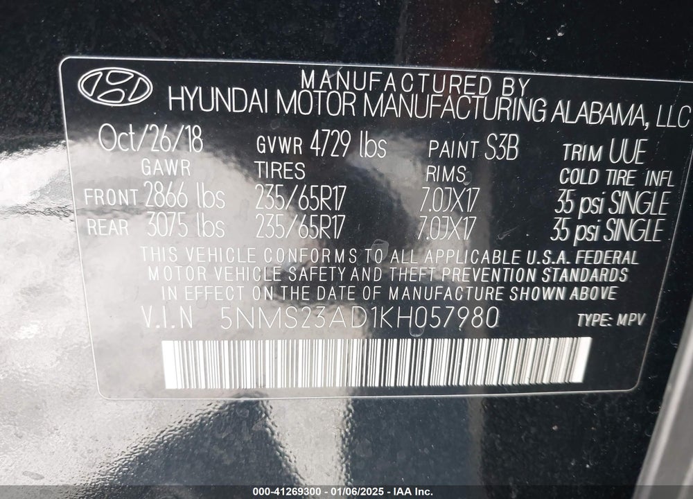 2019 HYUNDAI SANTA FE SE VIN: 5NMS23AD1KH057980