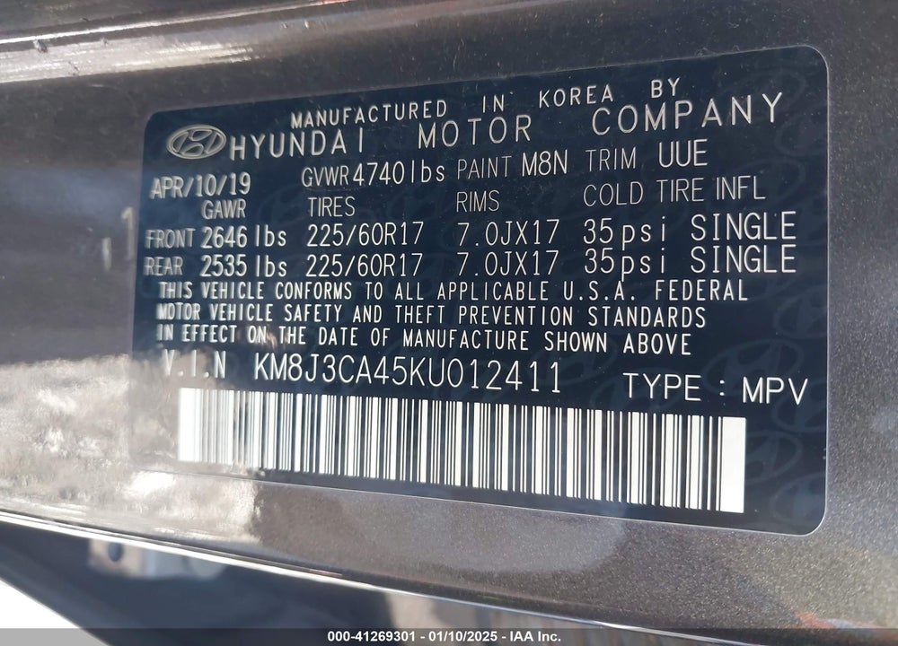 2019 HYUNDAI TUCSON VALUE VIN: KM8J3CA45KU012411