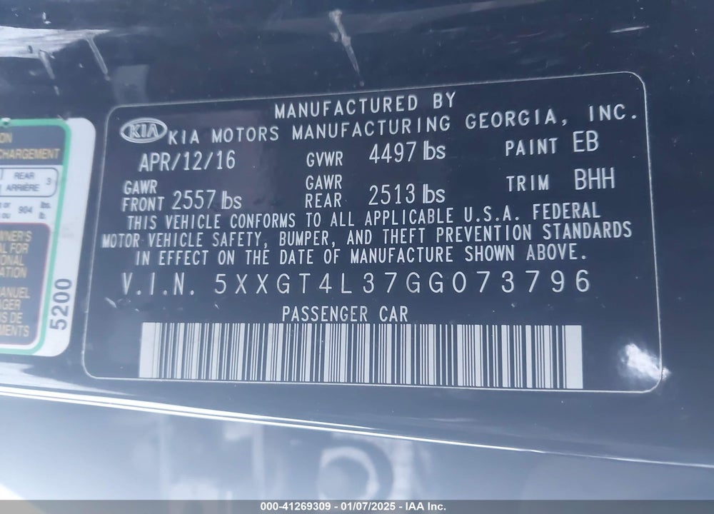 2016 KIA OPTIMA VIN: 5XXGT4L37GG073796