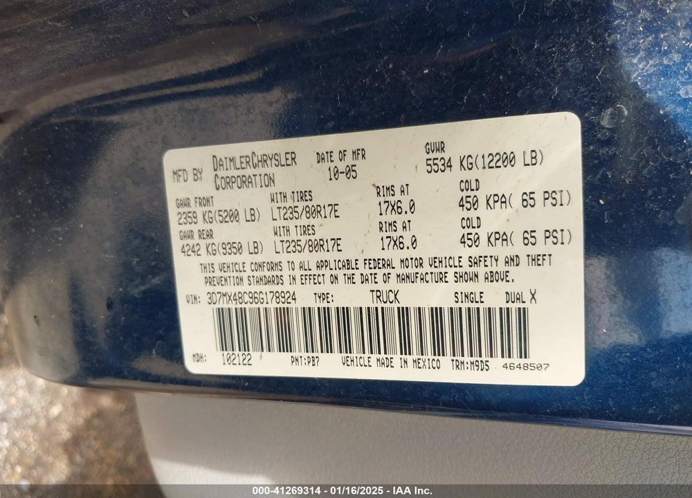 2006 DODGE RAM 3500 SLT/SPORT VIN: 3D7MX48C96G178924