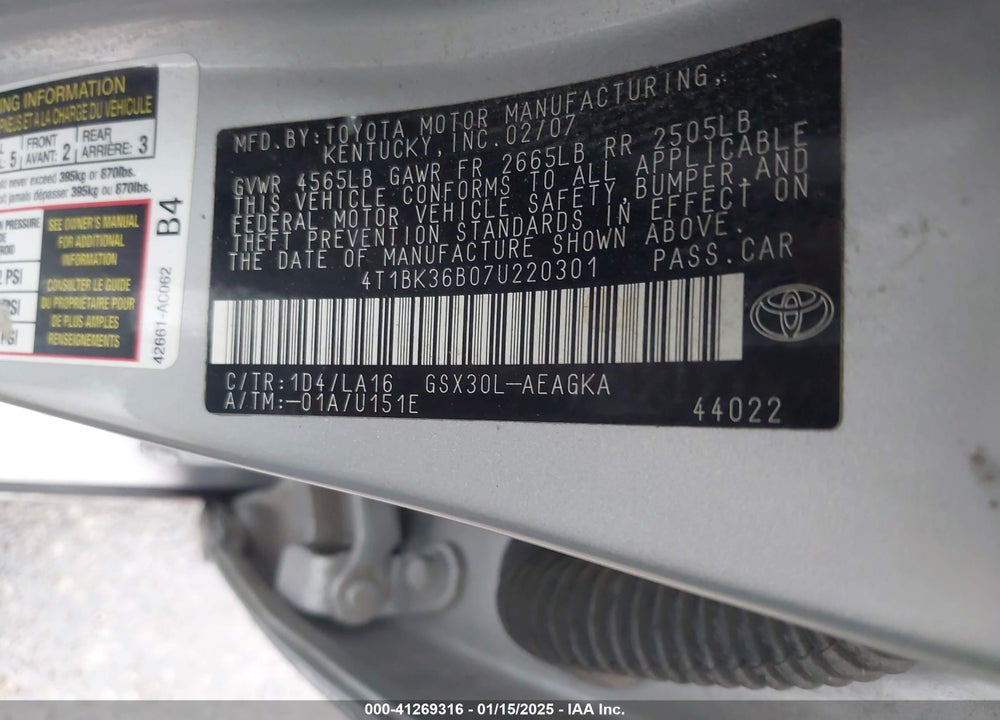 2007 TOYOTA AVALON VIN: 4T1BK36B07U220301