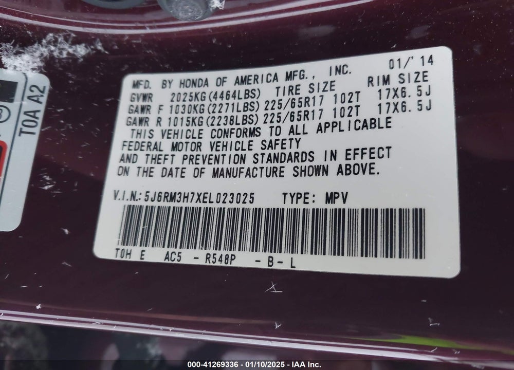 2014 HONDA CR-V EX-L VIN: 5J6RM3H7XEL023025