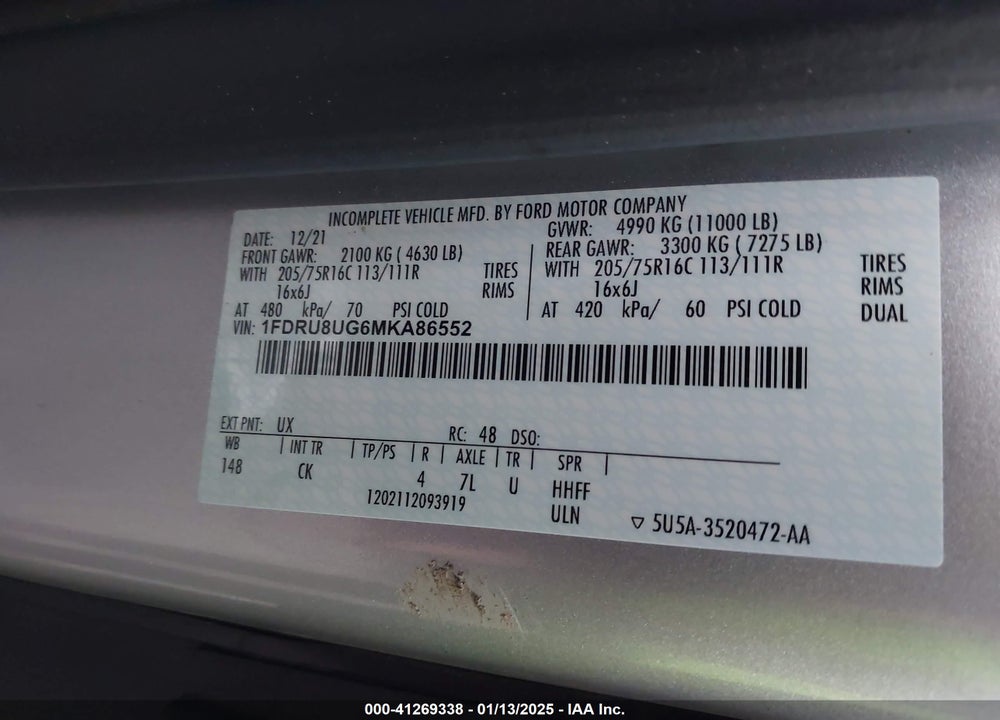 2021 FORD TRANSIT-350 CARGO VAN VIN: 1FDRU8UG6MKA86552