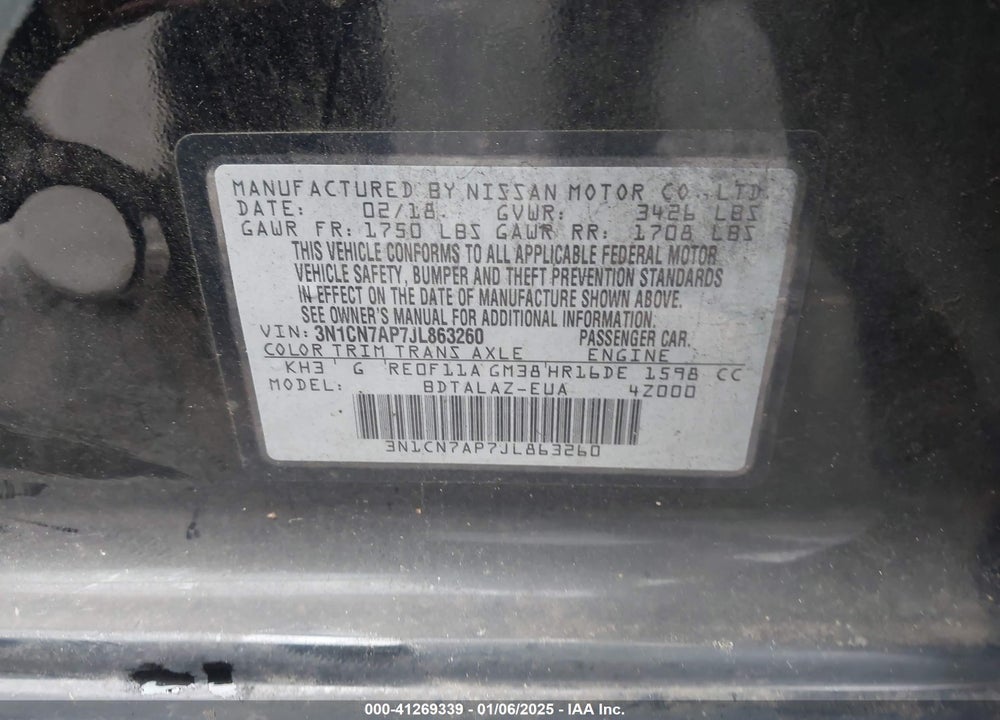 2018 NISSAN VERSA 1.6 S+ VIN: 3N1CN7AP7JL863260