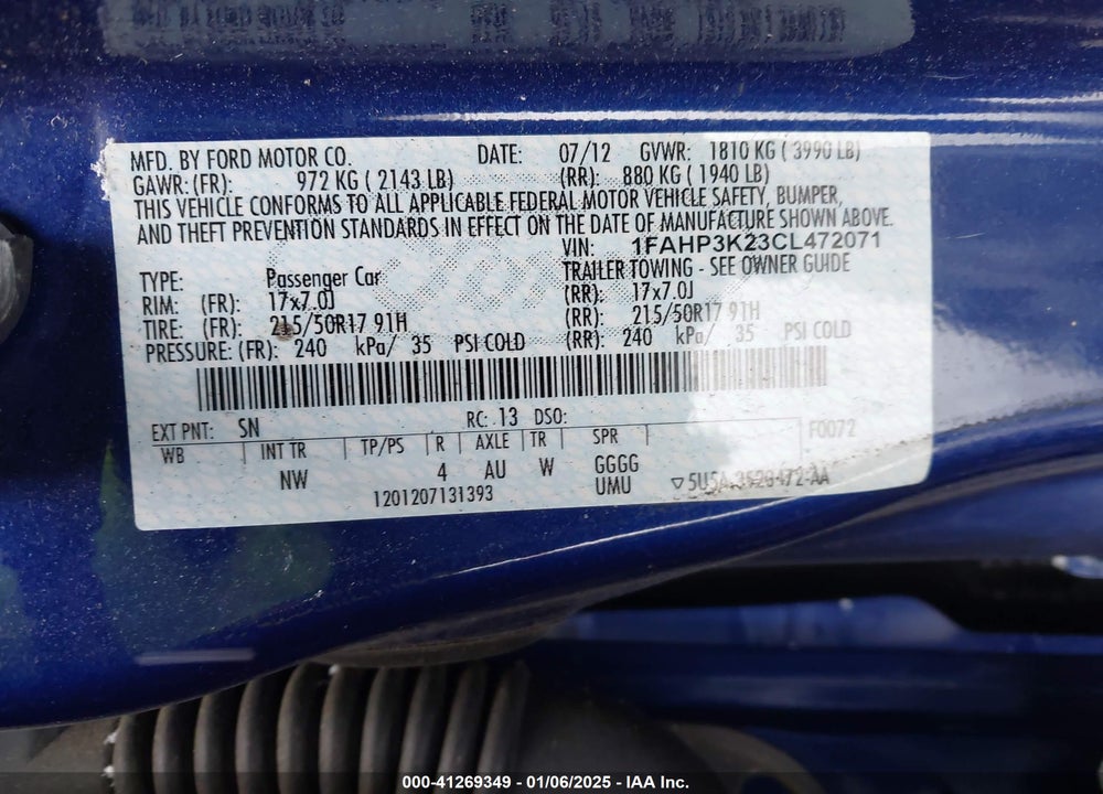 2012 FORD FOCUS VIN: 1FAHP3K23CL472071