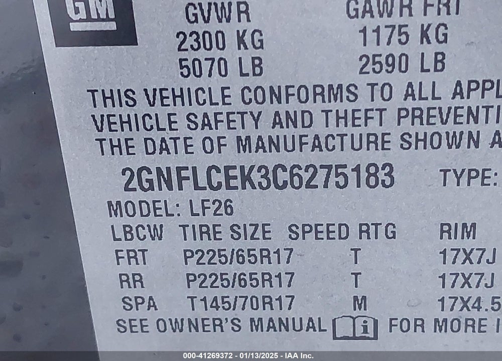 2012 CHEVROLET EQUINOX VIN: 2GNFLCEK3C6275183