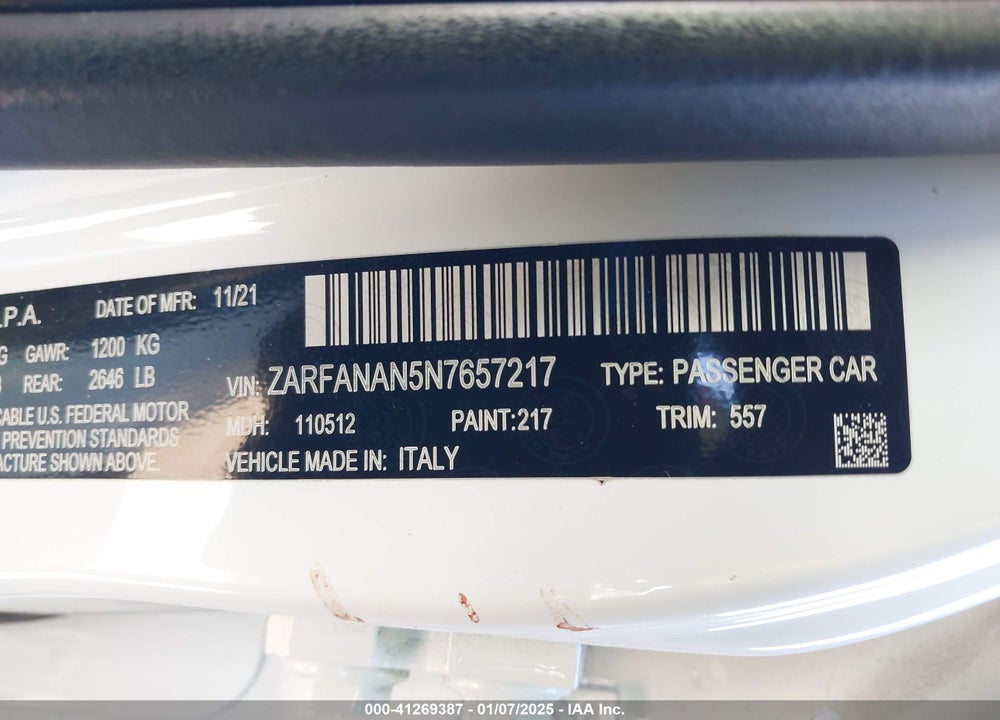 2022 ALFA ROMEO GIULIA VIN: ZARFANAN5N7657217