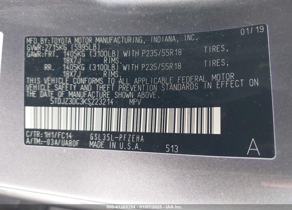 2019 TOYOTA SIENNA LE 7 PASSENGER VIN: 5TDJZ3DC3KS223214