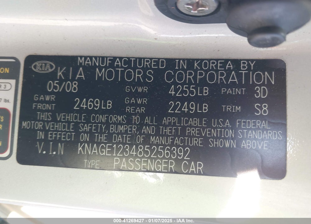 2008 KIA OPTIMA EX VIN: KNAGE123485256392