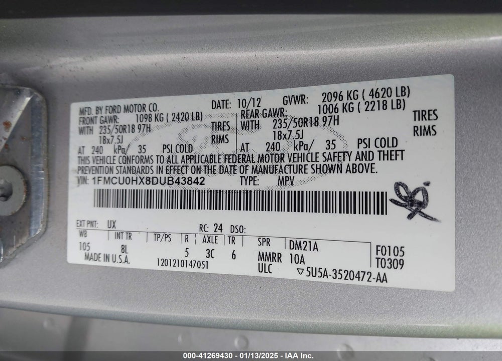 2013 FORD ESCAPE SEL VIN: 1FMCU0HX8DUB43842