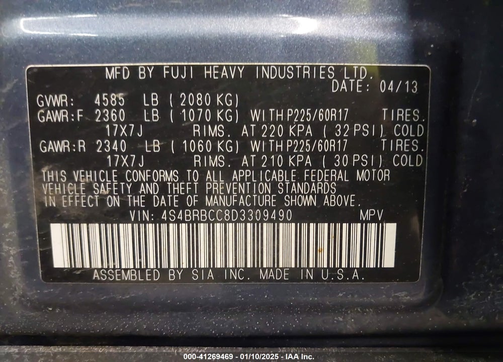 2013 SUBARU OUTBACK 2.5I PREMIUM VIN: 4S4BRBCC8D3309490