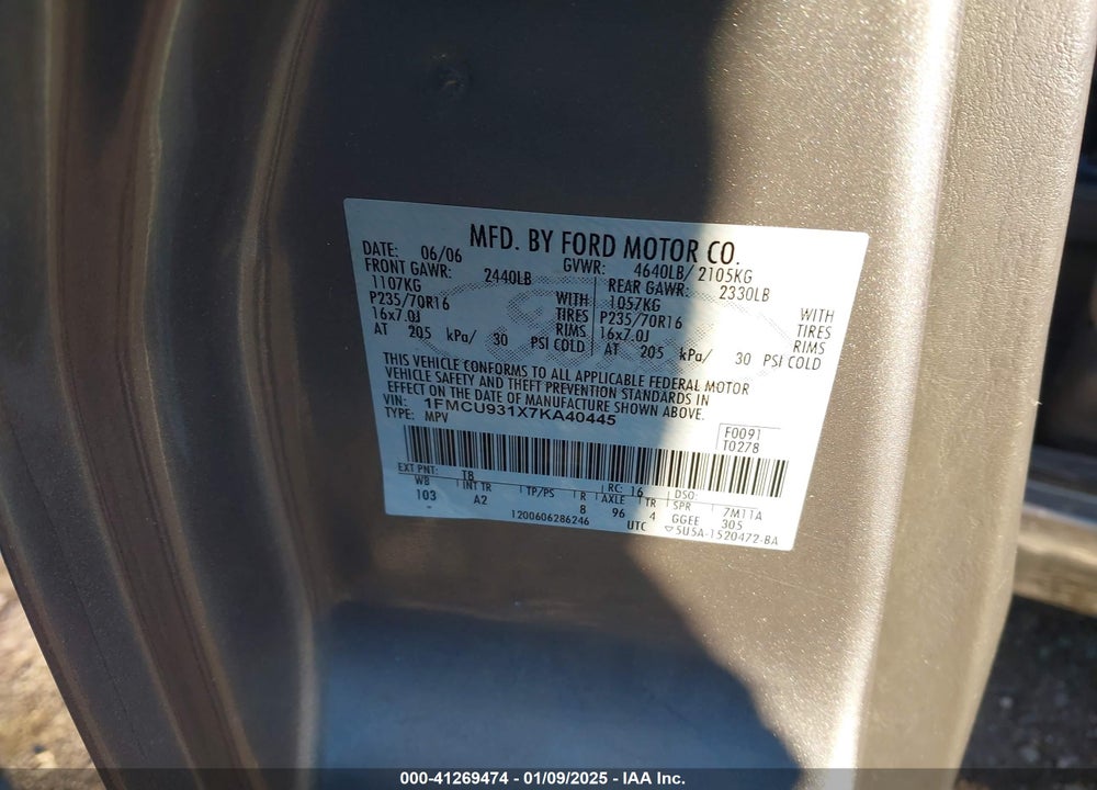 2007 FORD ESCAPE XLT/XLT SPORT VIN: 1FMCU931X7KA40445
