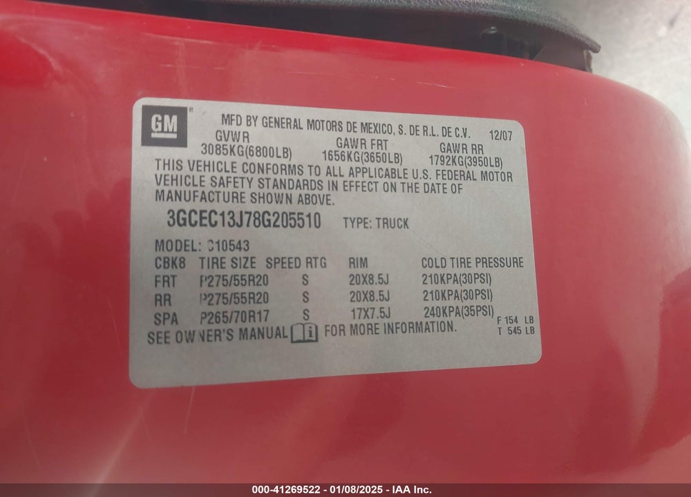 2008 CHEVROLET SILVERADO 1500 LT1 VIN: 3GCEC13J78G205510