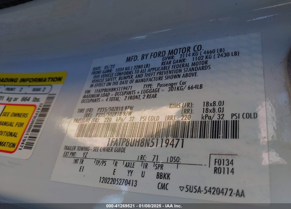 2022 FORD MUSTANG ECOBOOST PREMIUM VIN: 1FATP8UH8N5119471