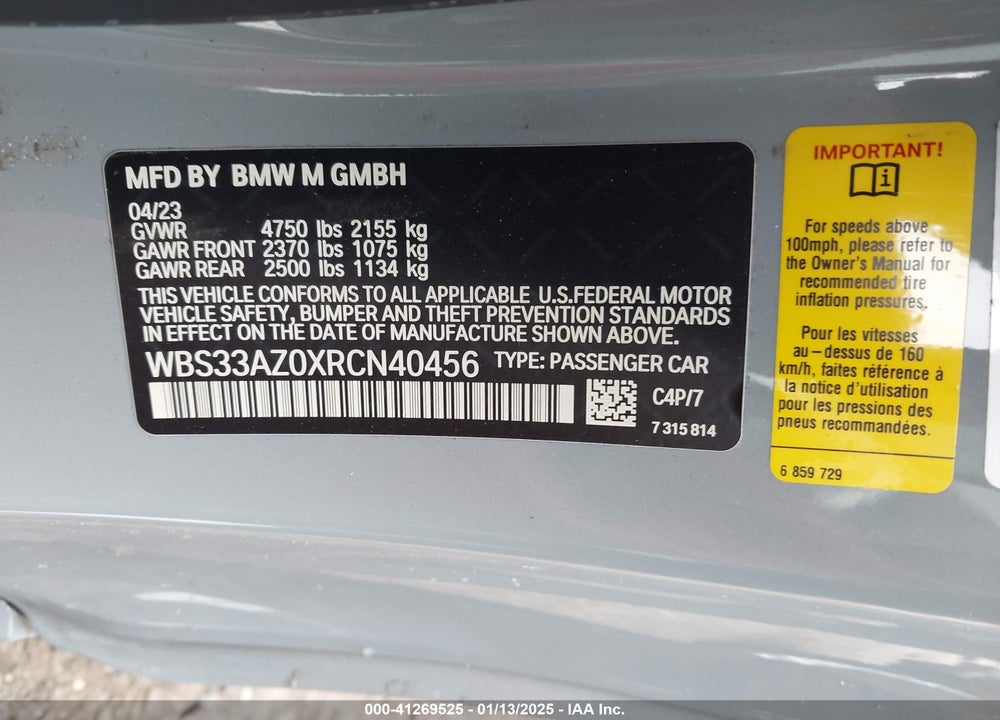 2024 BMW M4 VIN: WBS33AZ0XRCN40456