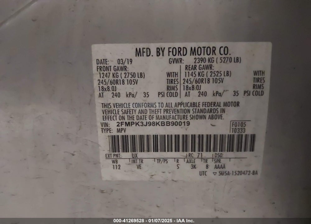 2019 FORD EDGE SEL VIN: 2FMPK3J98KBB90019