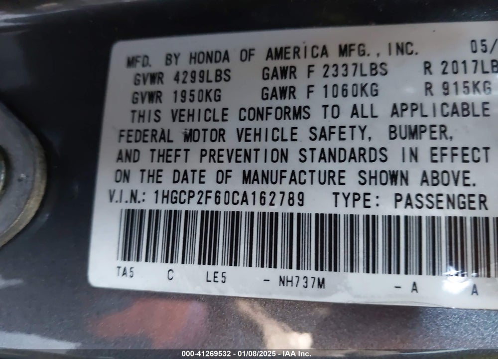 2012 HONDA ACCORD 2.4 SE VIN: 1HGCP2F60CA162789