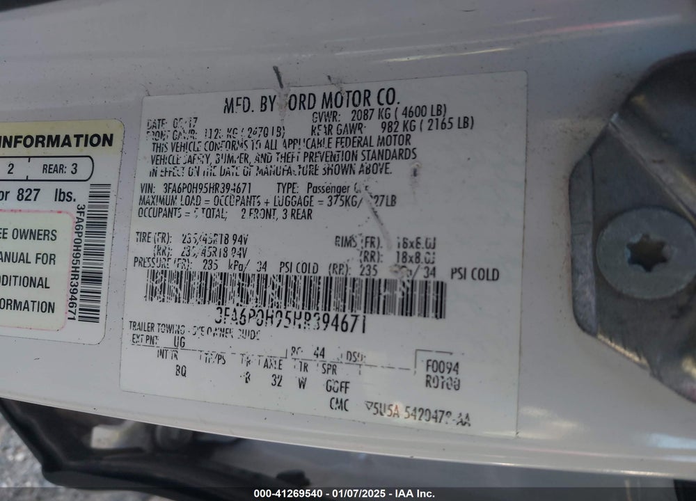 2017 FORD FUSION VIN: 3FA6P0H95HR394671