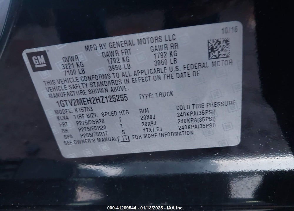 2017 GMC SIERRA 1500 VIN: 1GTV2MEH2HZ125255