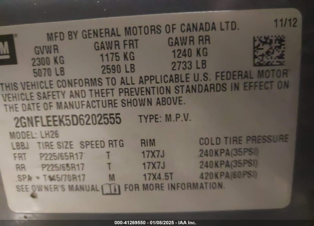 2013 CHEVROLET EQUINOX 1LT VIN: 2GNFLEEK5D6202555