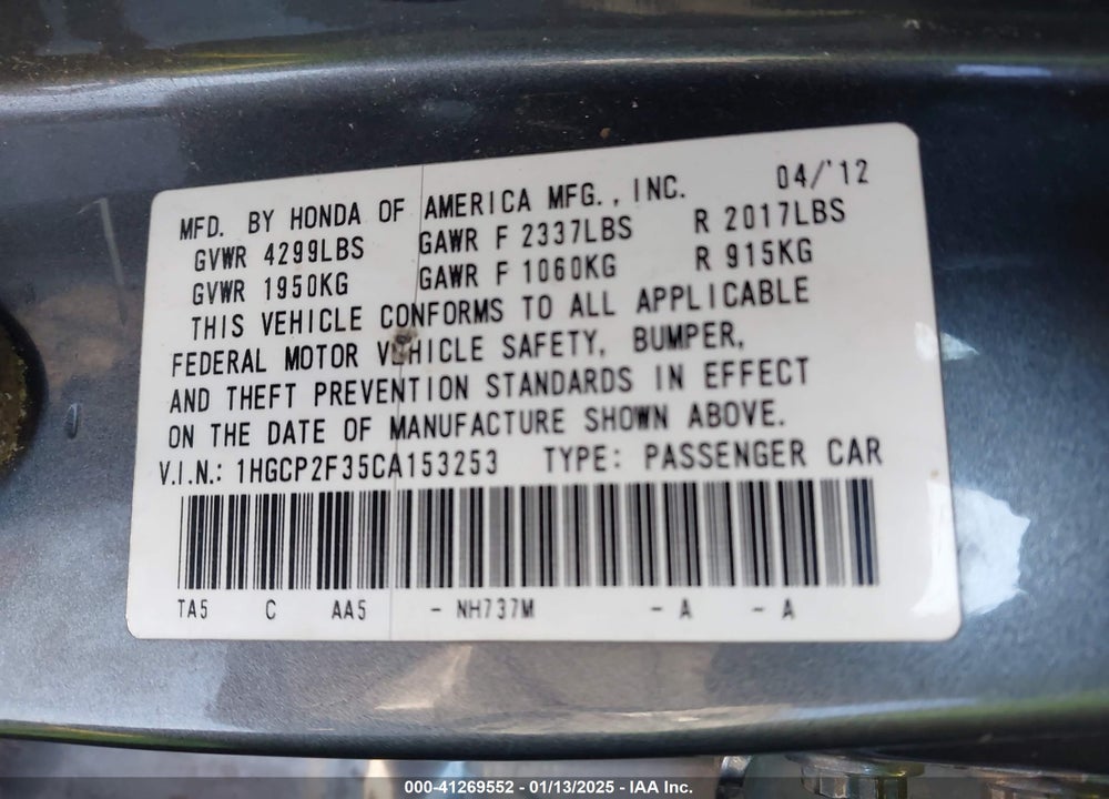 2012 HONDA ACCORD 2.4 LX VIN: 1HGCP2F35CA153253