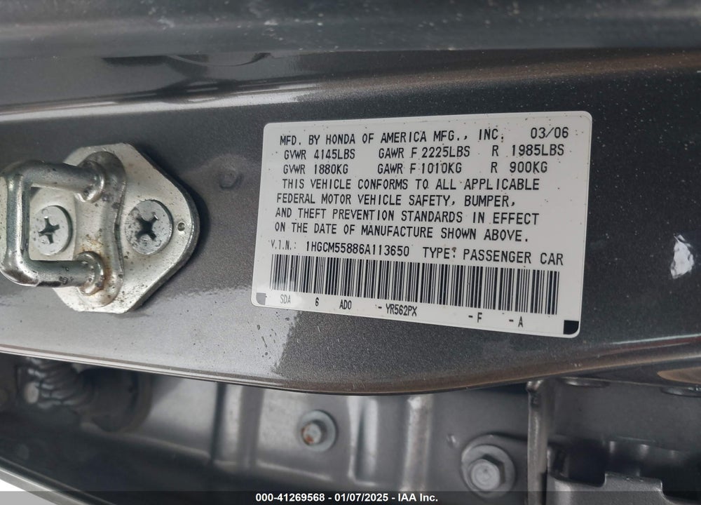 2006 HONDA ACCORD 2.4 EX VIN: 1HGCM55886A113650