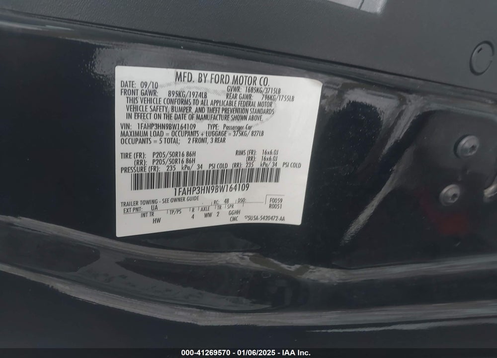 2011 FORD FOCUS SEL VIN: 1FAHP3HN9BW164109