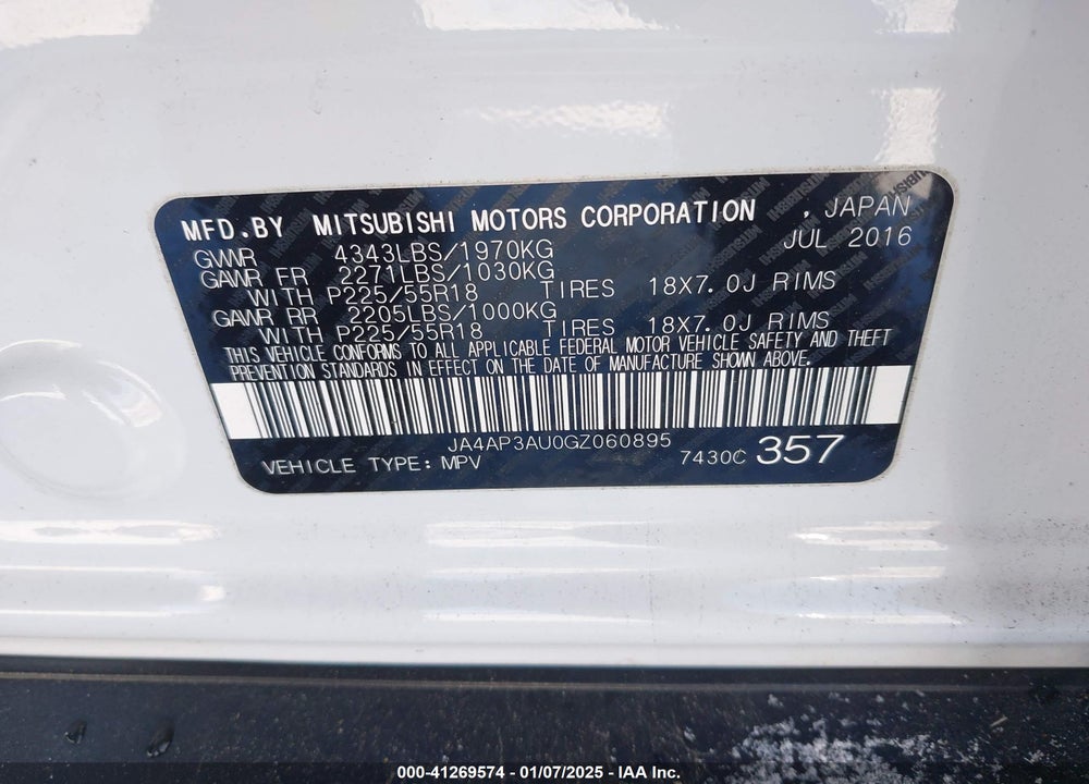 2016 MITSUBISHI OUTLANDER SPORT 2.0 ES VIN: JA4AP3AU0GZ060895