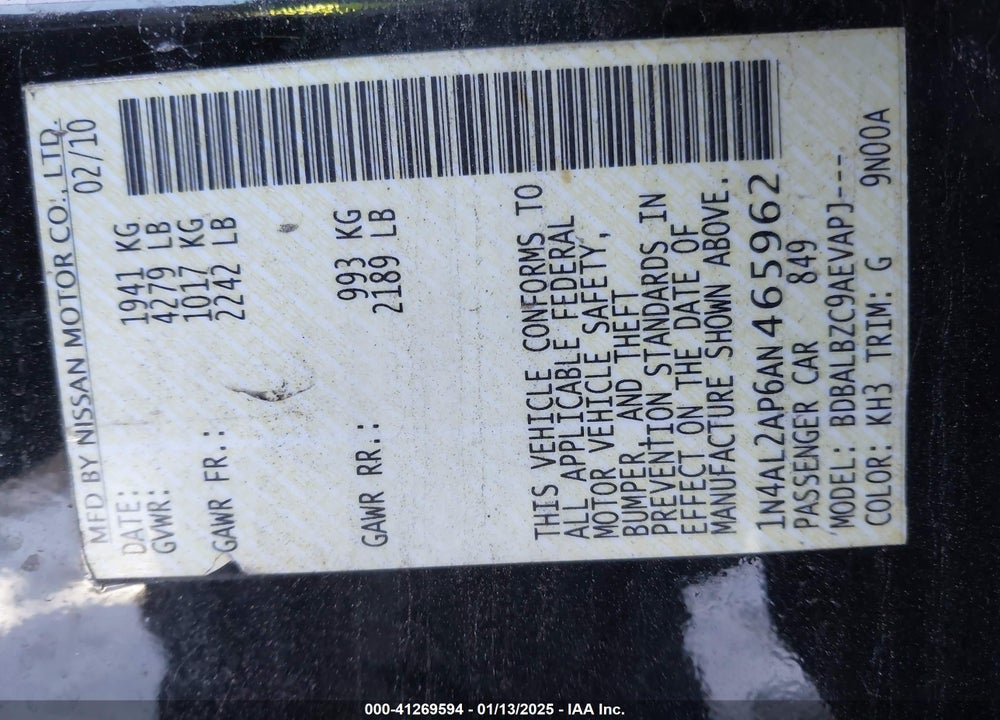 2010 NISSAN ALTIMA 2.5 S VIN: 1N4AL2AP6AN465962