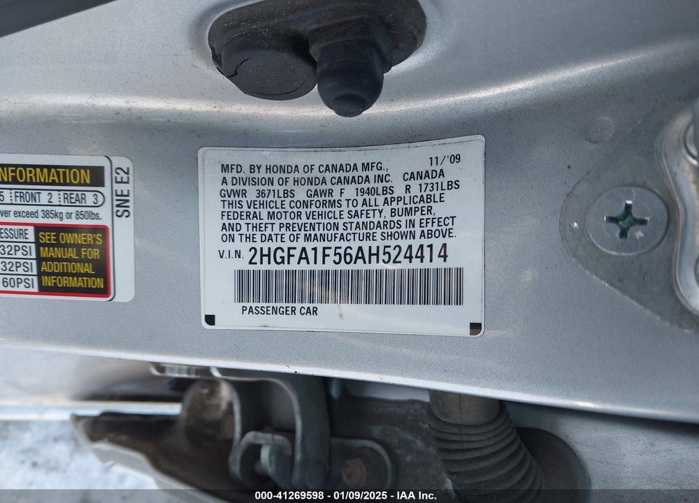 2010 HONDA CIVIC VIN: 2HGFA1F56AH524414