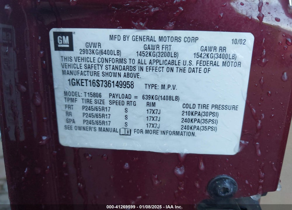 2003 GMC ENVOY XL SLE VIN: 1GKET16S736149958