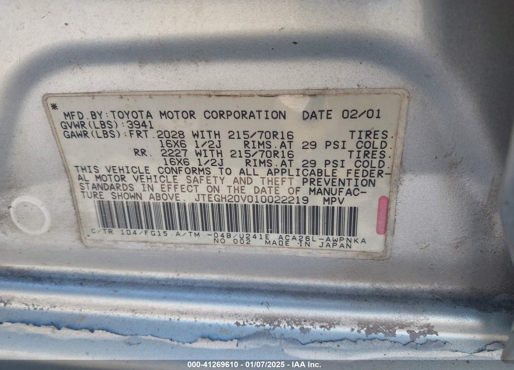 2001 TOYOTA RAV4 VIN: JTEGH20V010022219