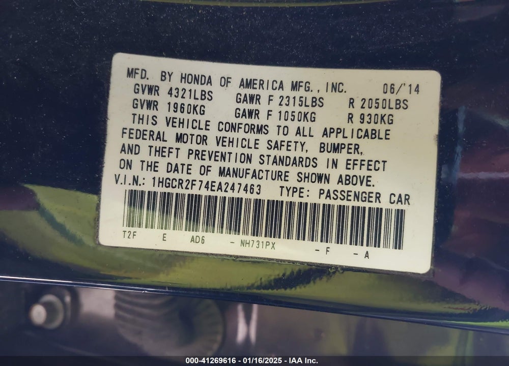 2014 HONDA ACCORD EX VIN: 1HGCR2F74EA247463