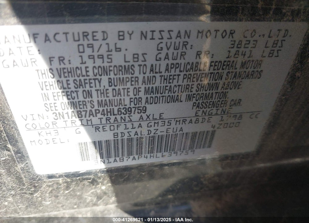 2017 NISSAN SENTRA VIN: 3N1AB7AP4HL639759