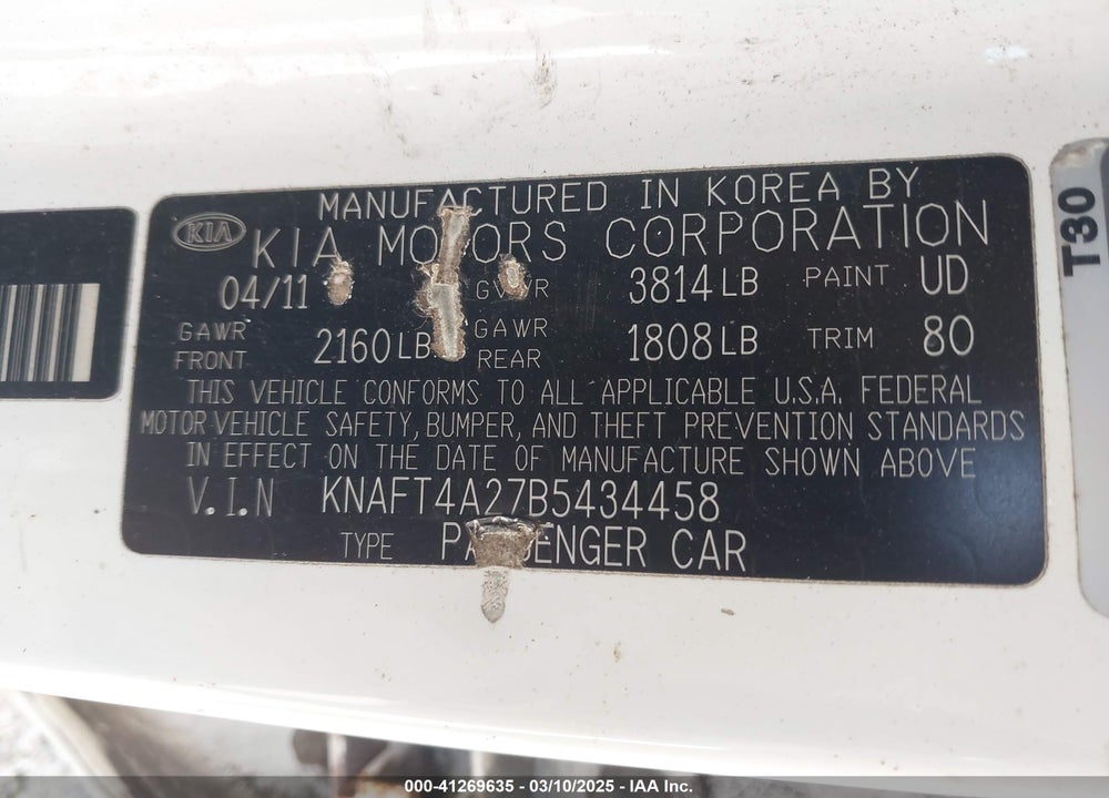 2011 KIA FORTE VIN: KNAFT4A27B5434458