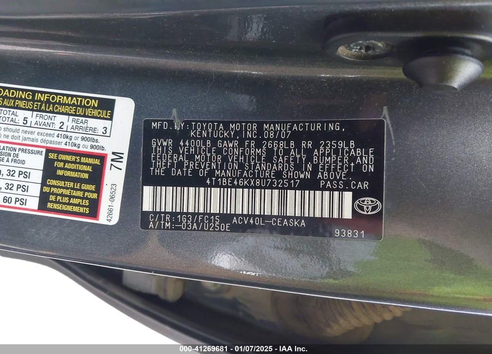 2008 TOYOTA CAMRY VIN: 4T1BE46KX8U732517