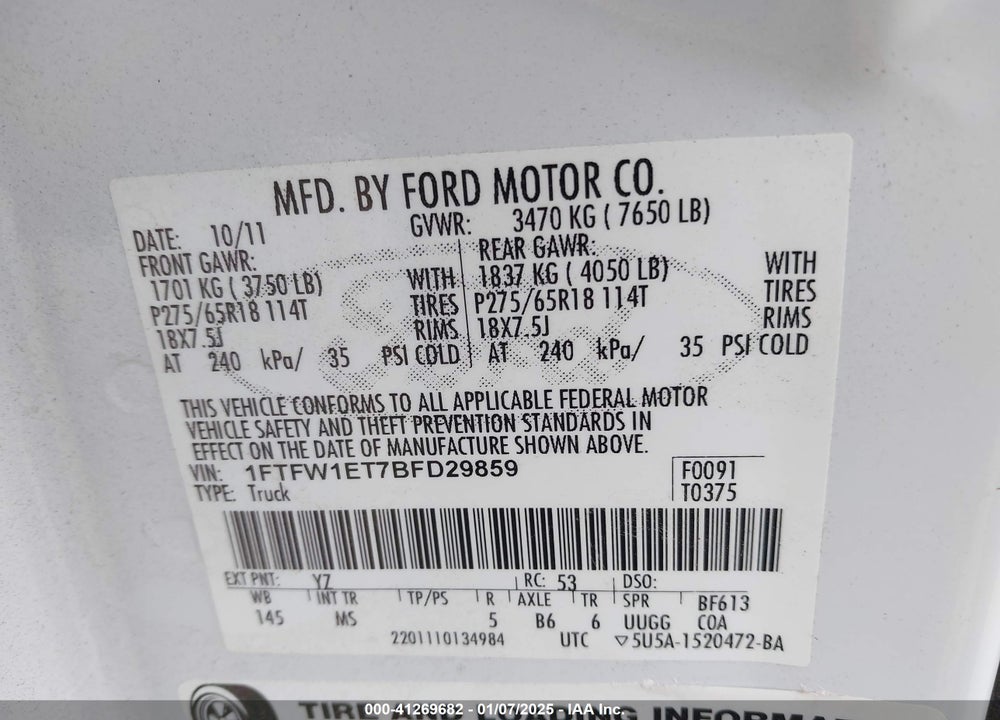 2011 FORD F-150 XLT VIN: 1FTFW1ET7BFD29859
