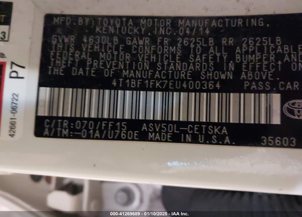 2014 TOYOTA CAMRY SE VIN: 4T1BF1FK7EU400364