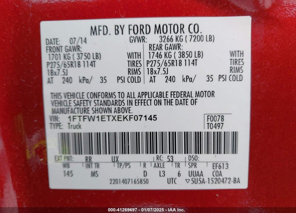 2014 FORD F-150 VIN: 1FTFW1ETXEKF07145